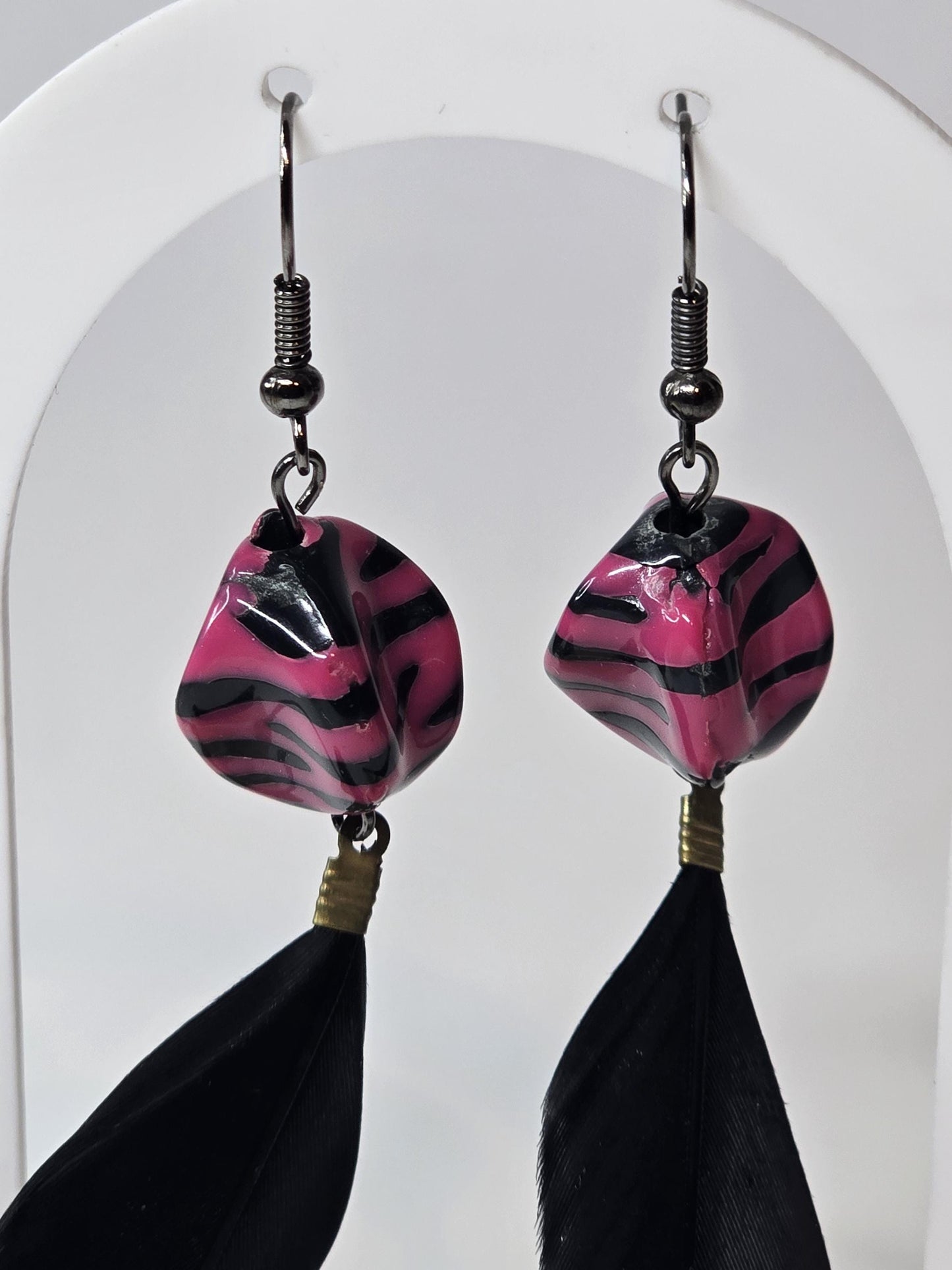 Pink Zebra Bead and Black Feather Earrings | Handmade Feather Dangles | Bold Statement Jewelry