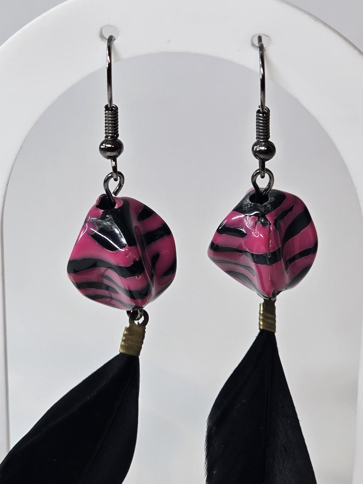 Purple Zebra & Black Feather Earrings