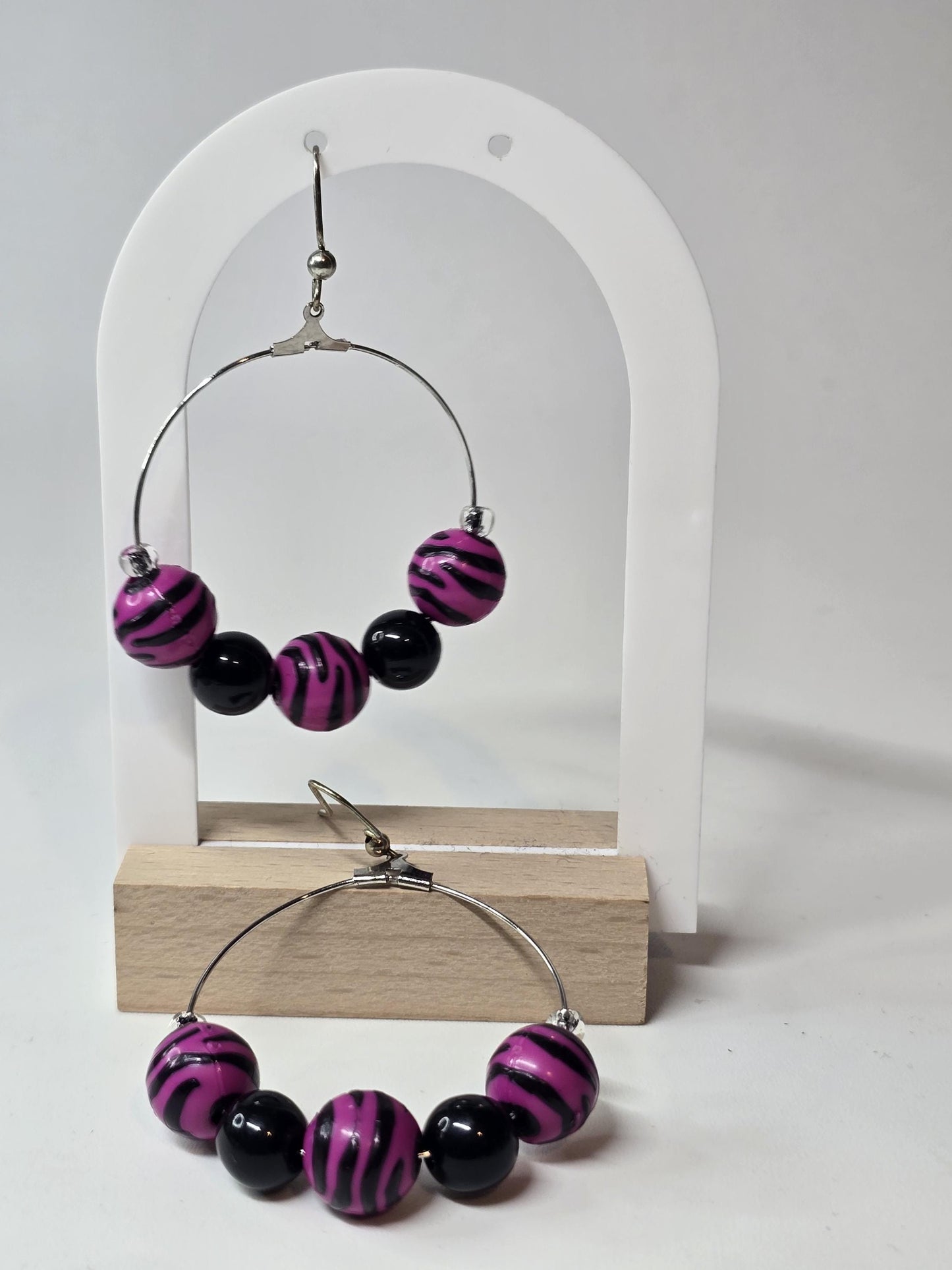 Purple and Black Zebra Bead Hoop Earrings | Bold Handmade Statement Hoops | Colorful Beaded Jewelry