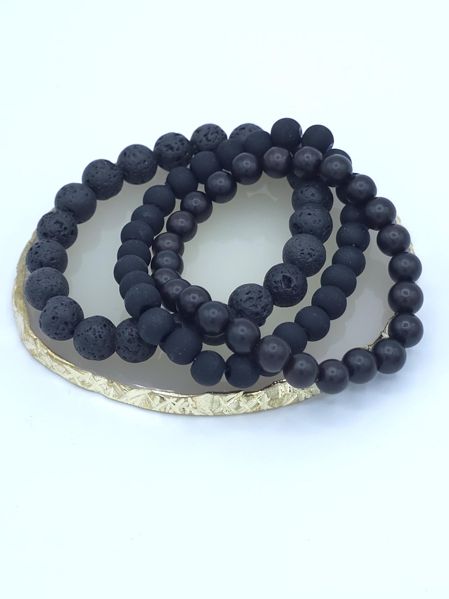 Matte Black Lava Stone Bracelet Stack | Unisex Stretch Jewelry