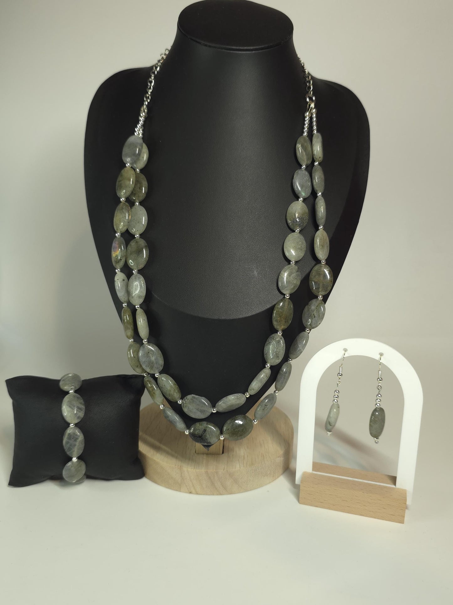 Double-Strand Labradorite Necklace Set (Necklace + Earrings + Bracelet)