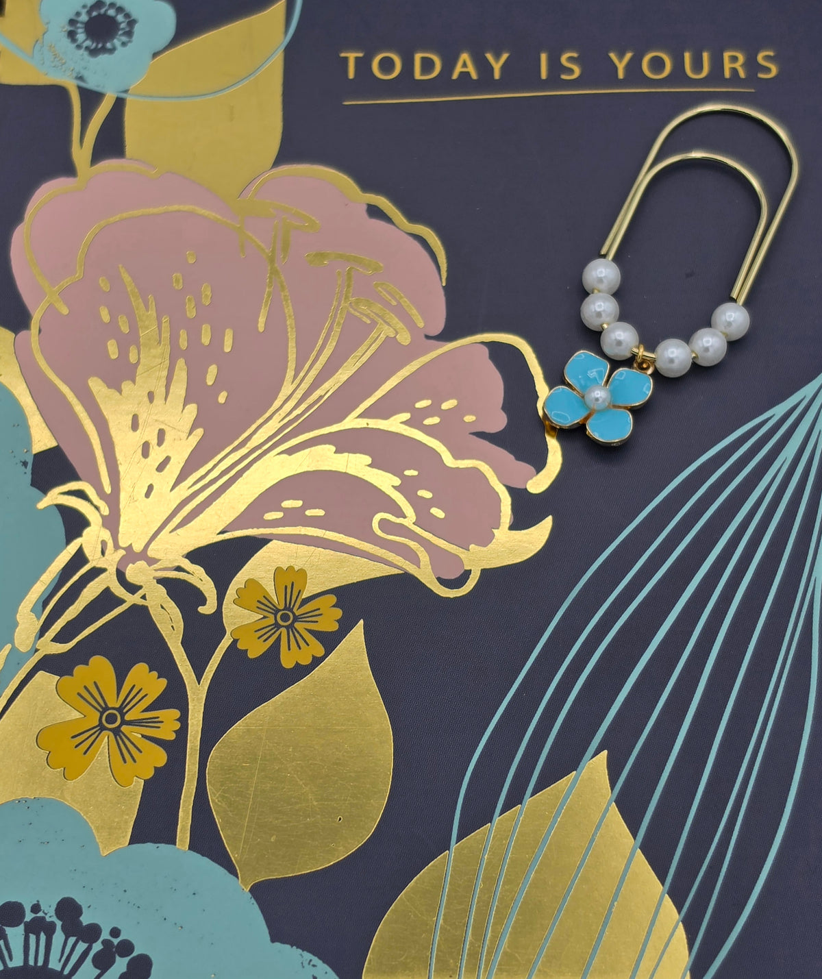 Turquoise Flower & Pearl Bookmark